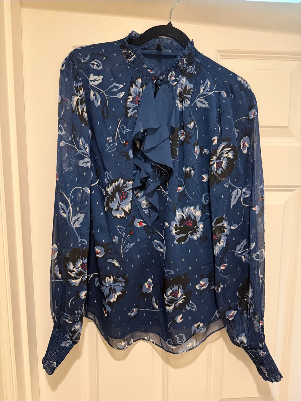 White House Black Market Navy Blue Floral Ruffle-Neck Blouse